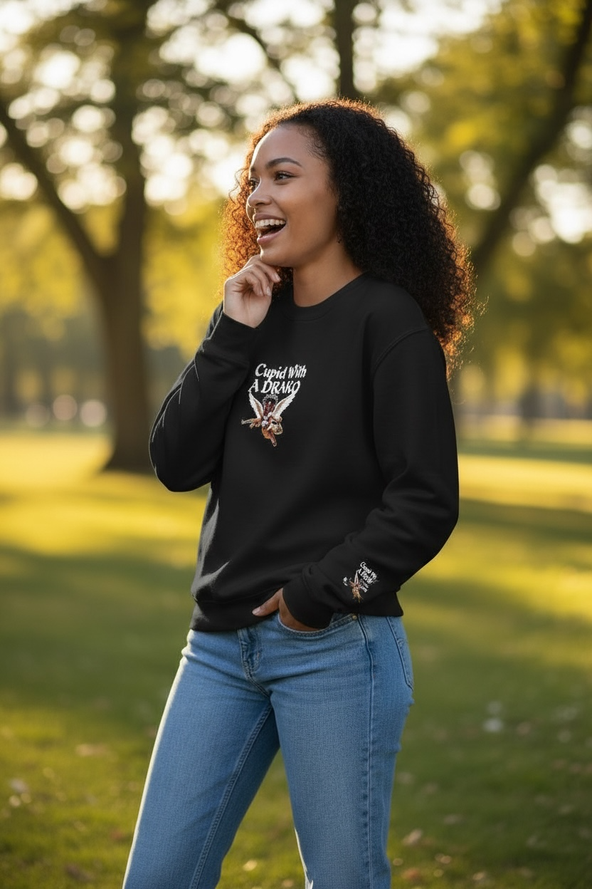 1073 - Flyte Wrisk - embroidered Cupid Wit A Drako sweater
