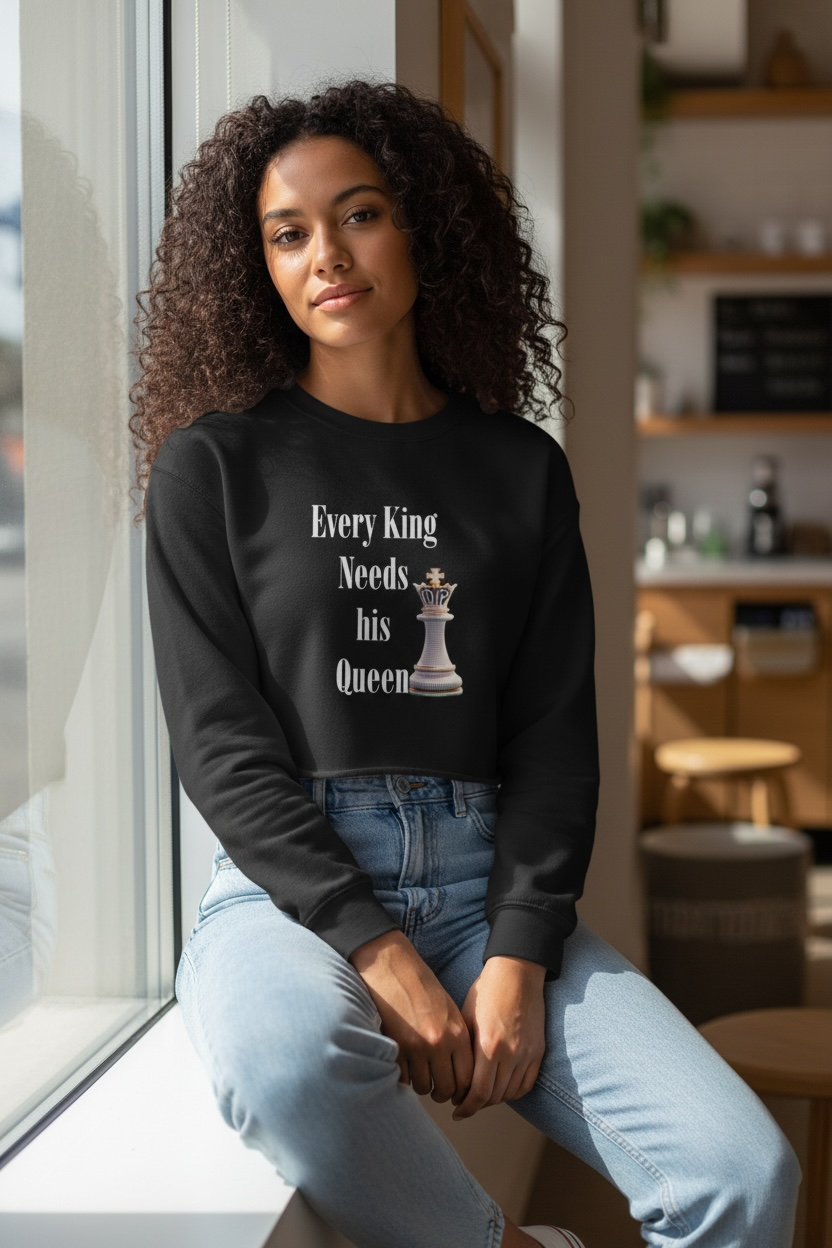 Cropped Sweatshirt by Flyte Wrisk — "Every King Needs His Queen" Chess Queen Design (1073)