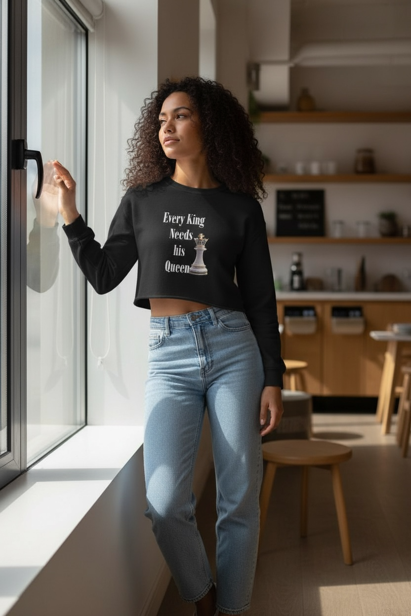 Cropped Sweatshirt by Flyte Wrisk — "Every King Needs His Queen" Chess Queen Design (1073)