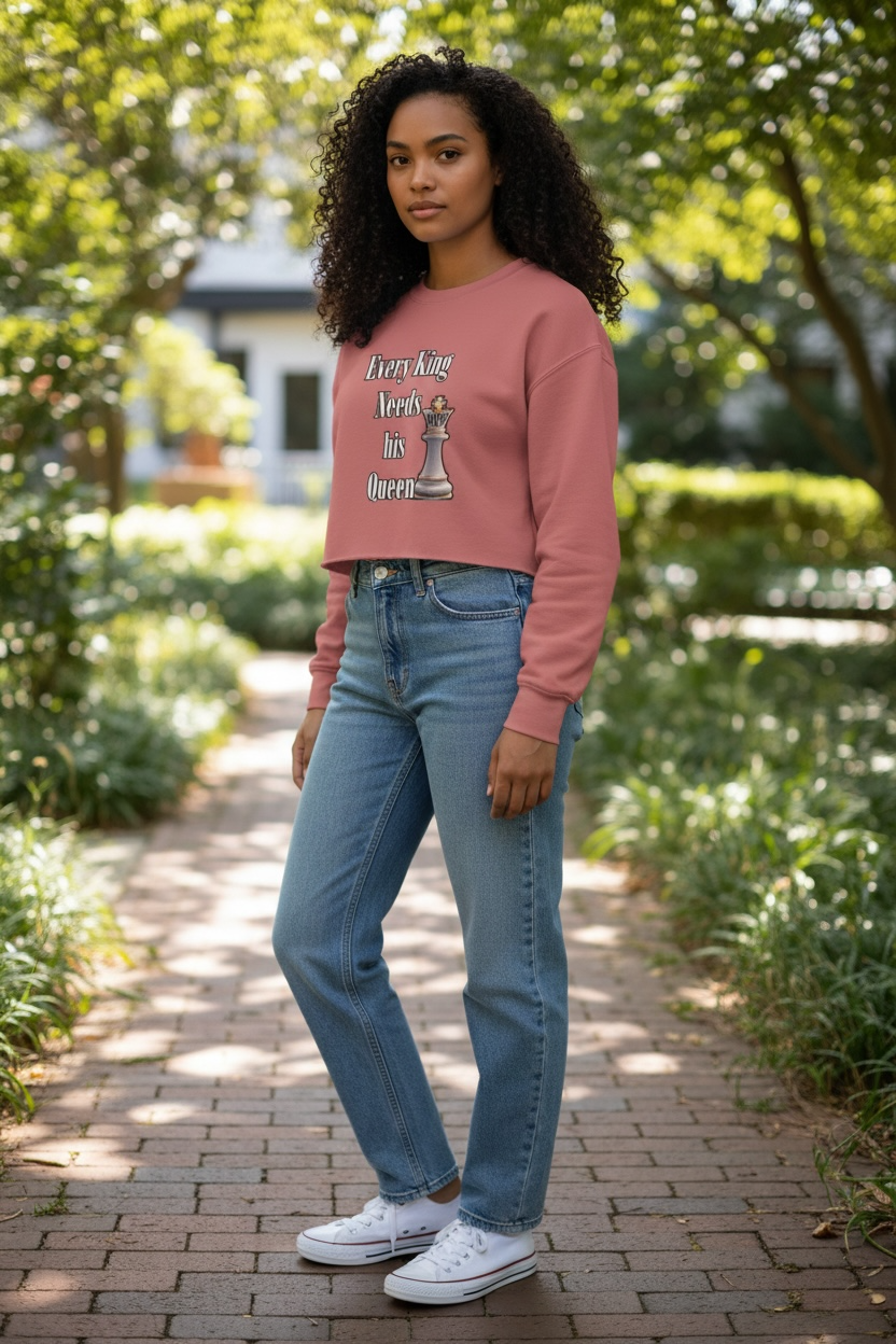 Cropped Sweatshirt by Flyte Wrisk — "Every King Needs His Queen" Chess Queen Design (1073)