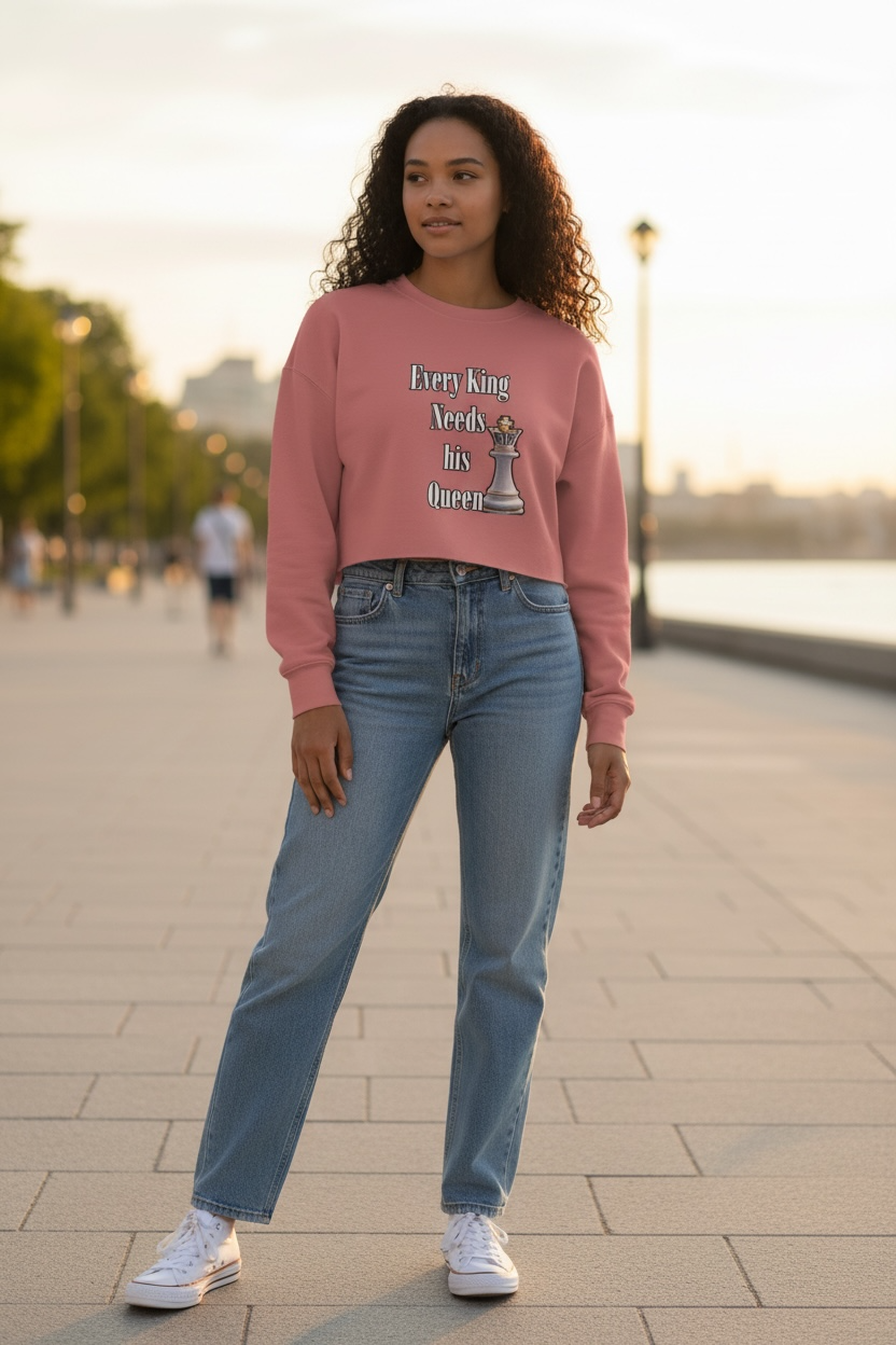 Cropped Sweatshirt by Flyte Wrisk — "Every King Needs His Queen" Chess Queen Design (1073)
