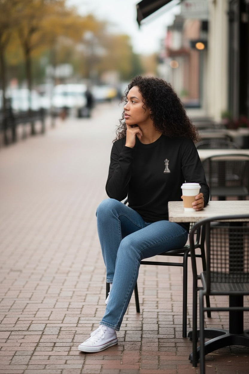 Queen Piece Long Sleeve Tee — 'The Queen Piece' with Chess Graphic and ID 10-1073